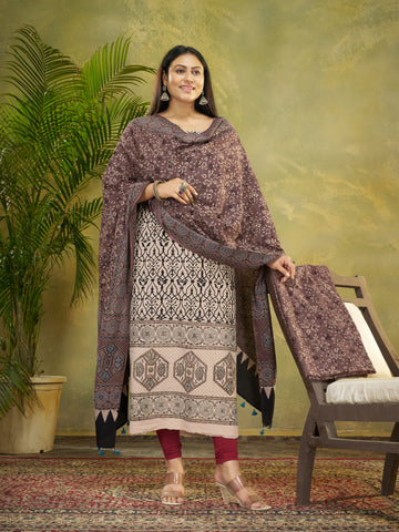 Brown Hand Block Ajrakh Print Natural Dyed Cotton 3pc Unstitched Dress Material