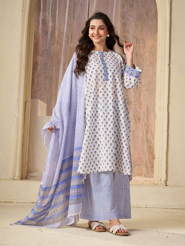White Jaipuri-printed Pure Cotton Stitched 3-Piece Kurta Set
