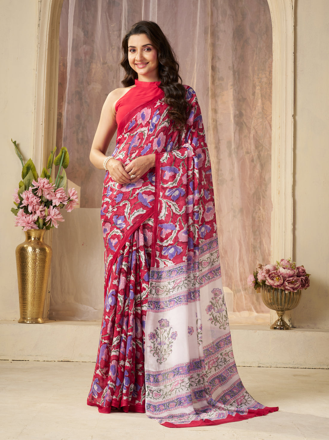 Pink Hand Block Print Saree | Pure Chinon Chiffon
