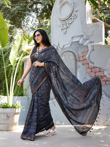 Chanderi Cotton Silk Ajrakh Hand Block Printed Saree