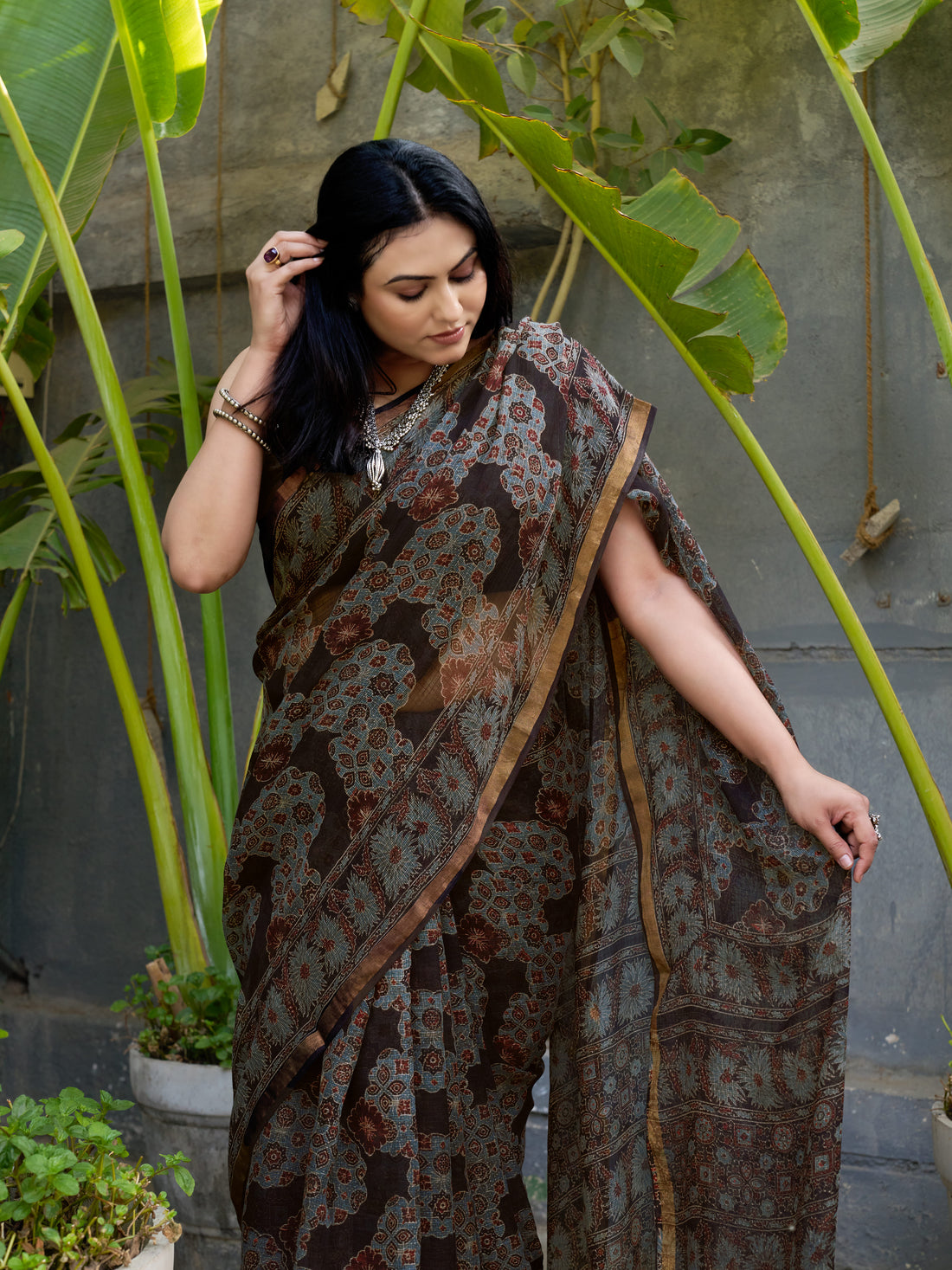 Ajrakh Kota Doria Saree (block printed using natural dyes)