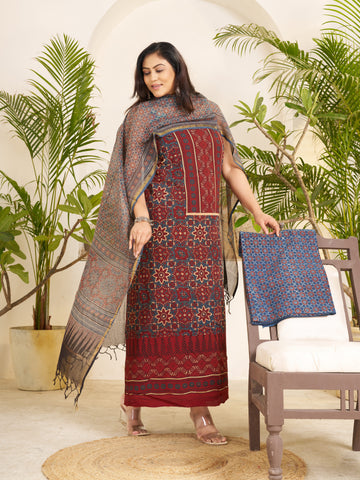 Red-hand Block Ajrakh Print Natural Dyed Cotton 3pc Unstitched Dress Material with kota doria dupatta