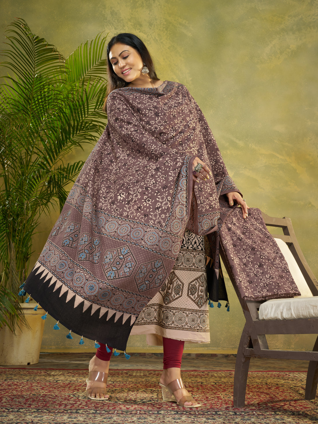 Brown Hand Block Ajrakh Print Natural Dyed Cotton 3pc Unstitched Dress Material