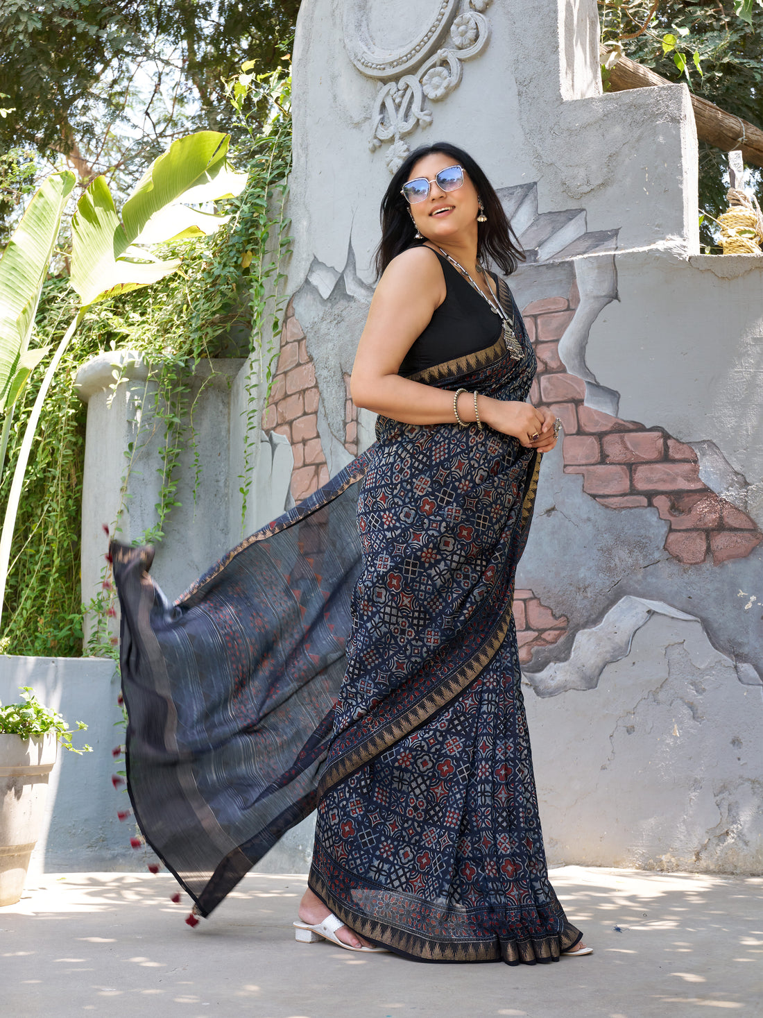 Chanderi Cotton Silk Ajrakh Hand Block Printed Saree