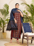 Red-hand Block Ajrakh Print Natural Dyed Cotton 3pc Unstitched Dress Material