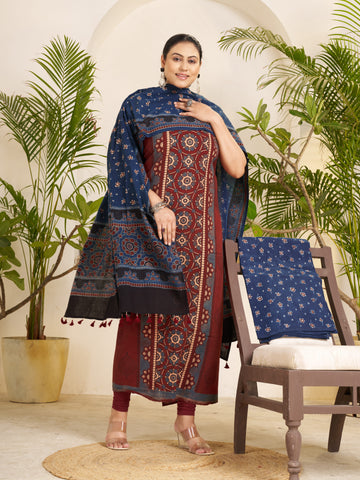 Red-hand Block Ajrakh Print Natural Dyed Cotton 3pc Unstitched Dress Material