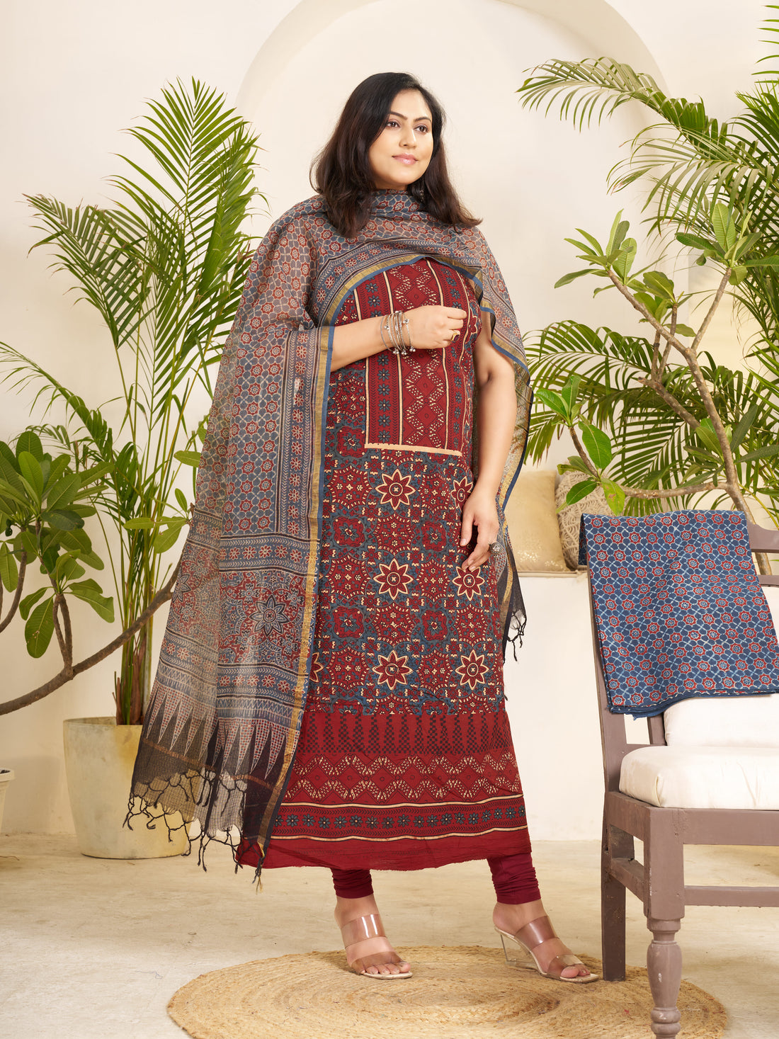 Red-hand Block Ajrakh Print Natural Dyed Cotton 3pc Unstitched Dress Material with kota doria dupatta