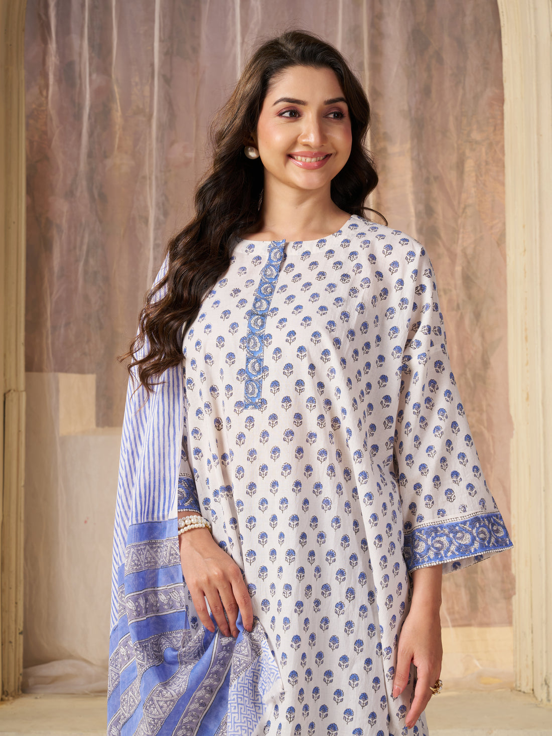 White Jaipuri-printed Pure Cotton Stitched 3-Piece Kurta Set