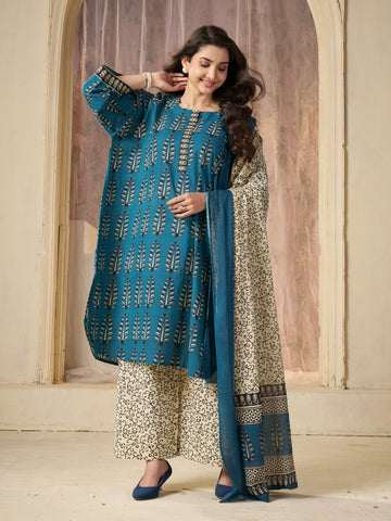 Teal Blue Jaipuri-printed Pure Cotton Stitched 3-Piece Kurta Set