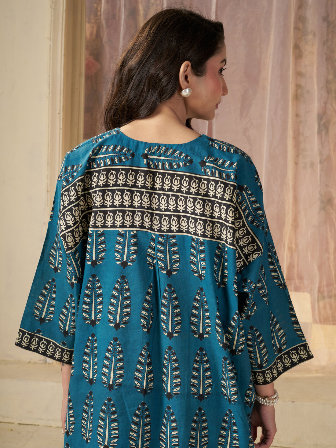 Teal Blue Jaipuri-printed Pure Cotton Stitched 3-Piece Kurta Set
