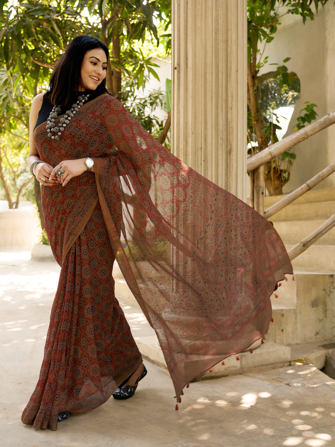 Ajrakh Kota Doria Saree (block printed using natural dyes)