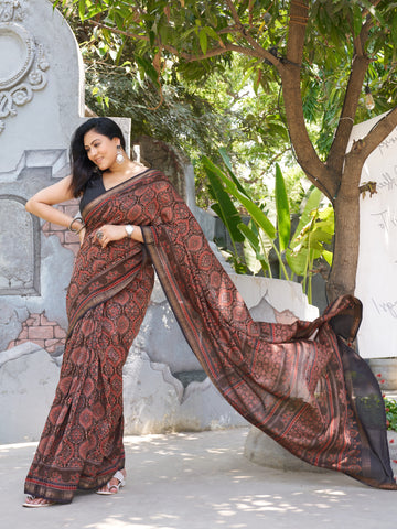 Chanderi Cotton Silk Ajrakh Hand Block Printed Saree