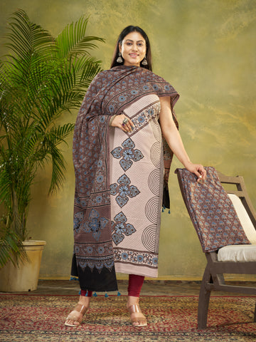 Rose Brown Hand Block Ajrakh Print Natural Dyed Cotton 3pc Unstitched Dress Material
