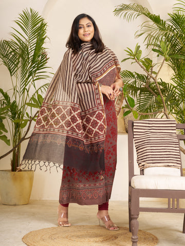 Brown-hand Block Ajrakh Print Natural Dyed Cotton 3pc Unstitched Dress Material with kota doria dupatta
