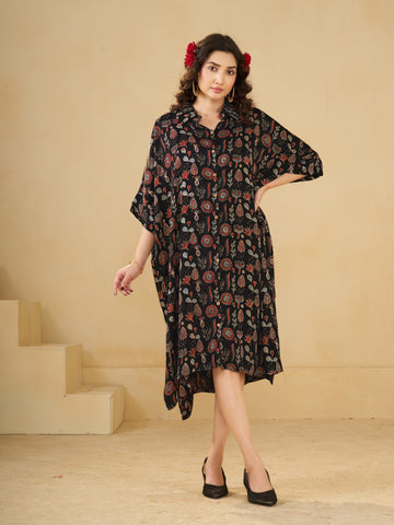 Black Leaf print Oversized Long Shirt Dress