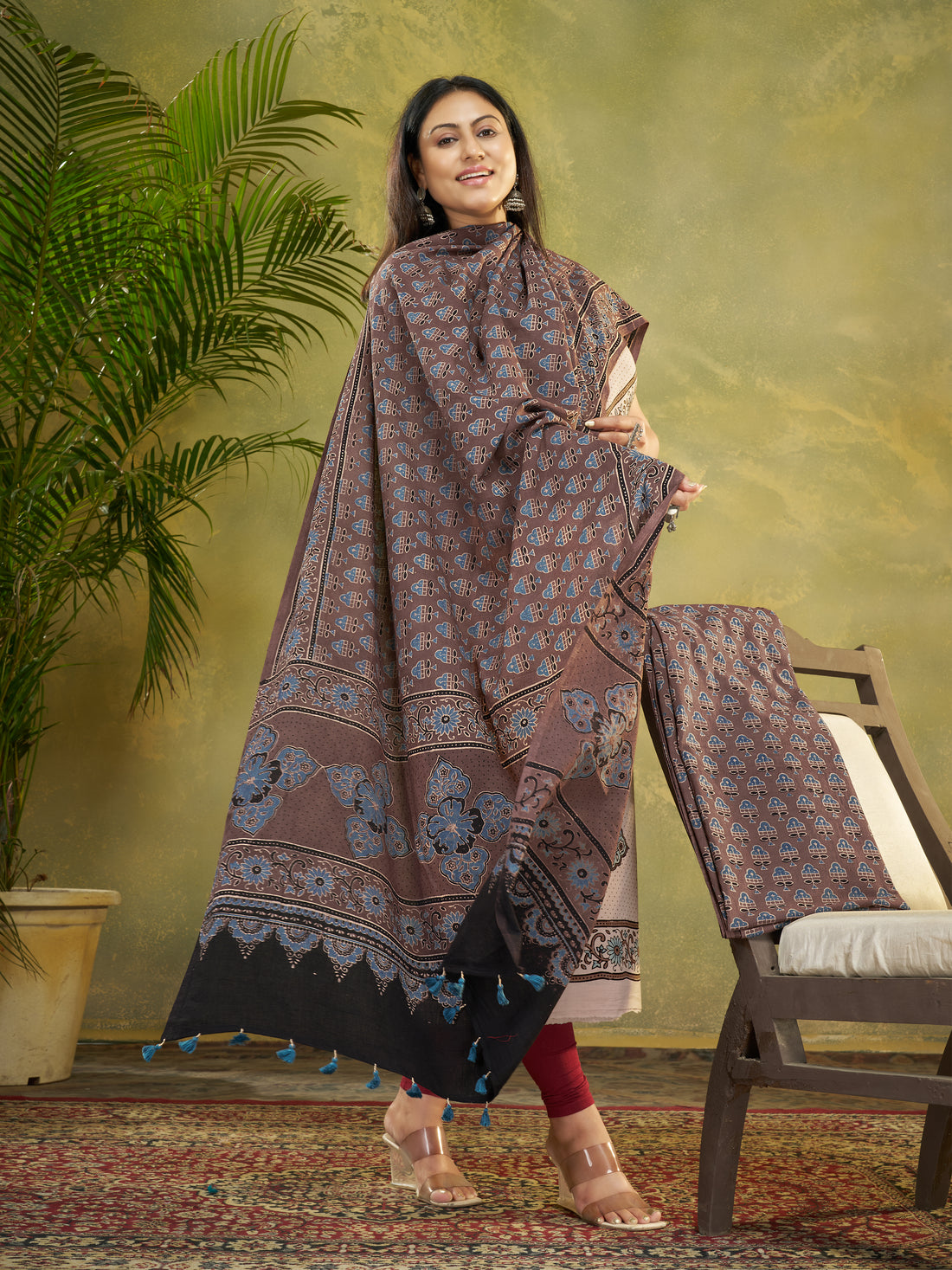 Rose Brown Hand Block Ajrakh Print Natural Dyed Cotton 3pc Unstitched Dress Material