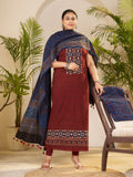 Red-hand Block Ajrakh Print Natural Dyed Cotton 3pc Unstitched Dress Material
