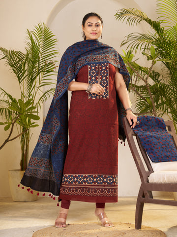 Red-hand Block Ajrakh Print Natural Dyed Cotton 3pc Unstitched Dress Material