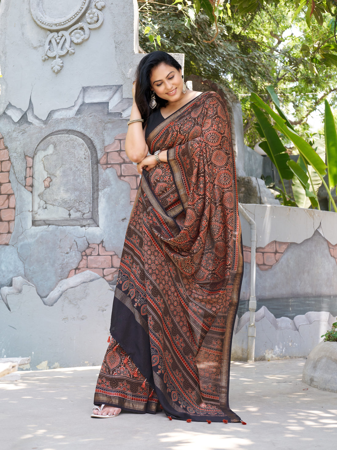 Chanderi Cotton Silk Ajrakh Hand Block Printed Saree