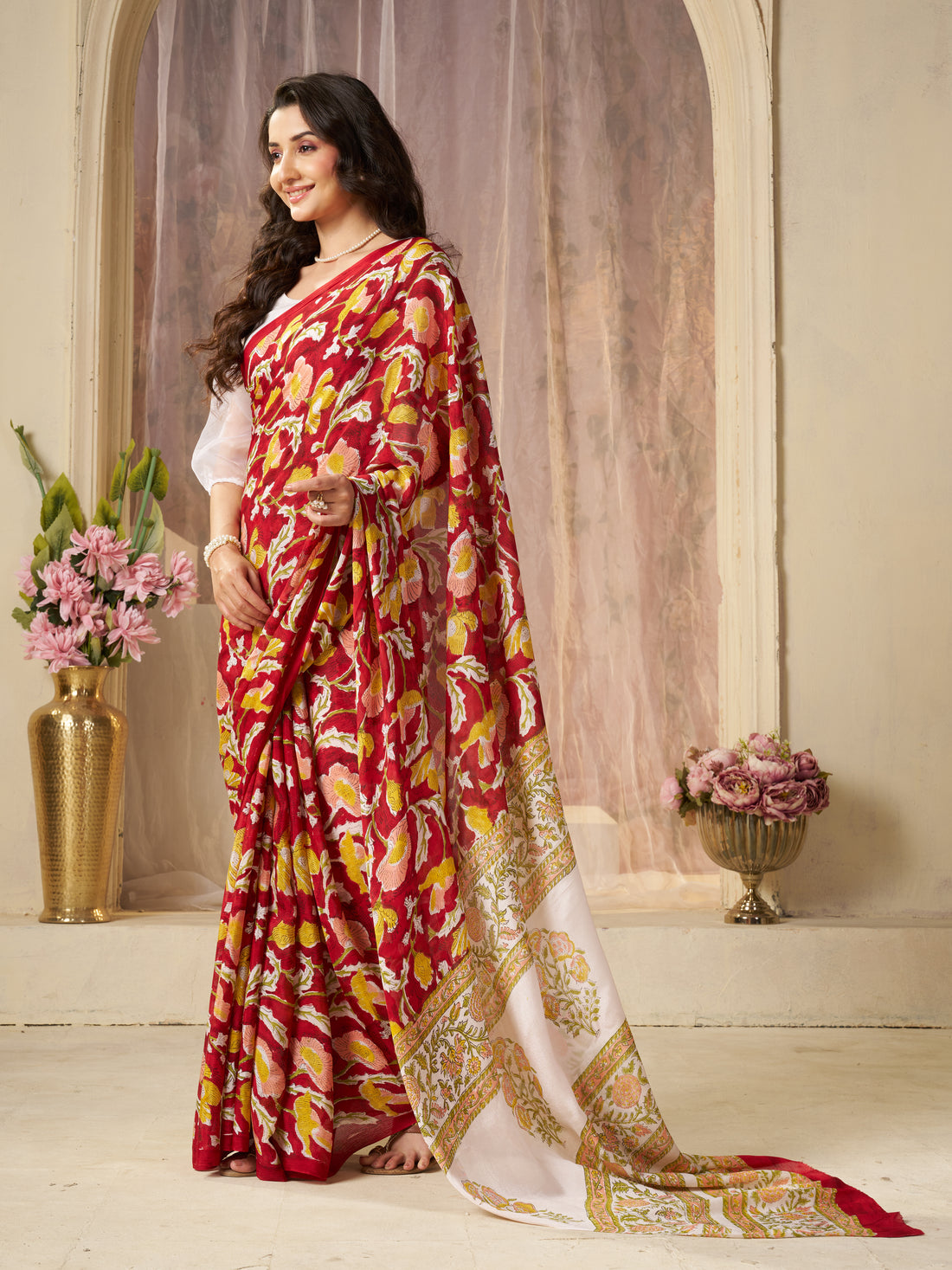 Red Hand Block Print Saree | Pure Chinon Chiffon