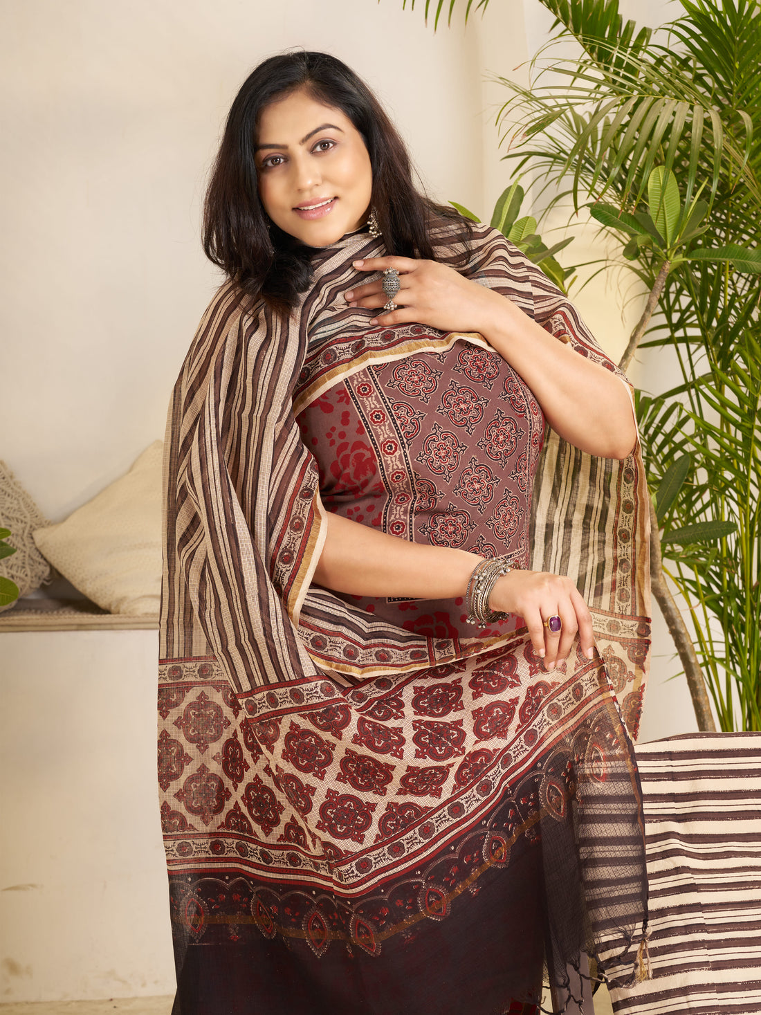 Brown-hand Block Ajrakh Print Natural Dyed Cotton 3pc Unstitched Dress Material with kota doria dupatta