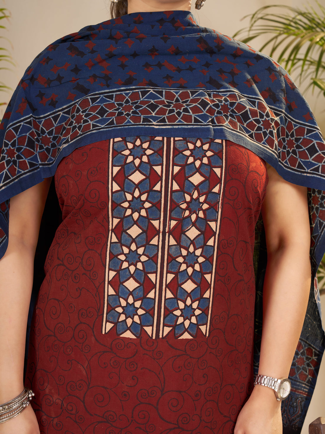 Red-hand Block Ajrakh Print Natural Dyed Cotton 3pc Unstitched Dress Material