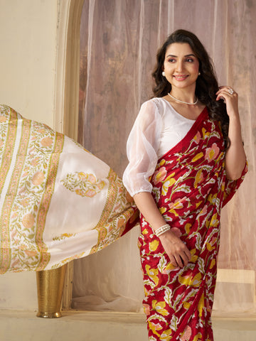 Red Hand Block Print Saree | Pure Chinon Chiffon