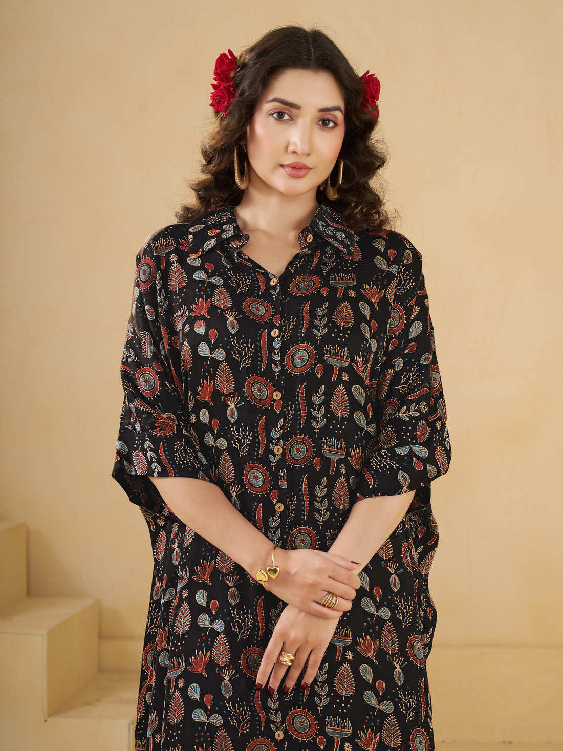 Black Leaf print Oversized Long Shirt Dress