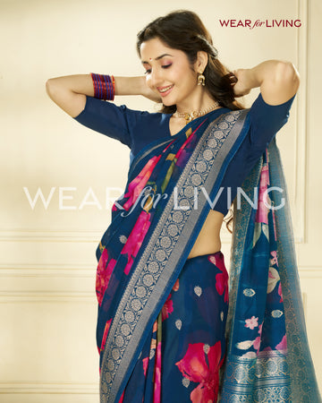 TUSSAR PURE VISCOSE SILK FLORAL PRINT SAREE