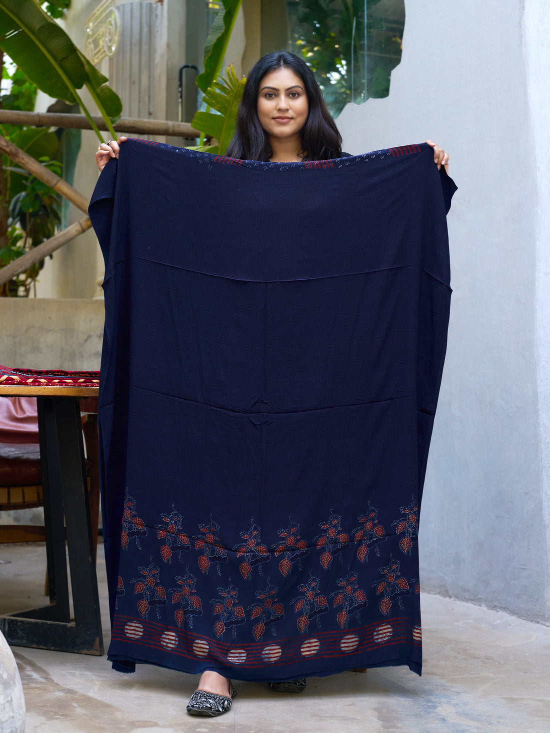 Blue-block Ajrakh print crepe kaftan material