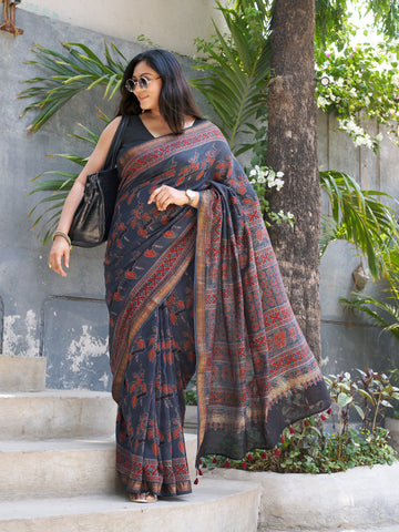 Chanderi Cotton Silk Ajrakh Hand Block Printed Saree