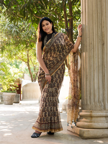 Ajrakh Kota Doria Saree (block printed using natural dyes)