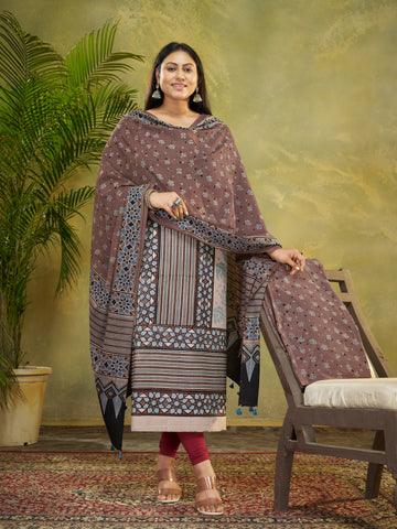 Dusty Mauve  Hand Block Ajrakh Print Natural Dyed Cotton 3pc Unstitched Dress Material