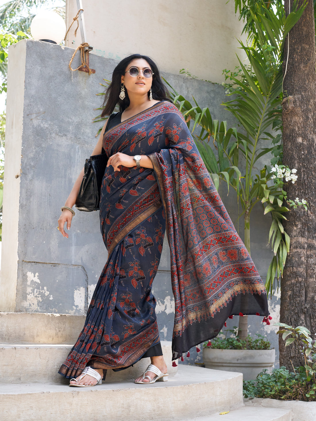 Chanderi Cotton Silk Ajrakh Hand Block Printed Saree