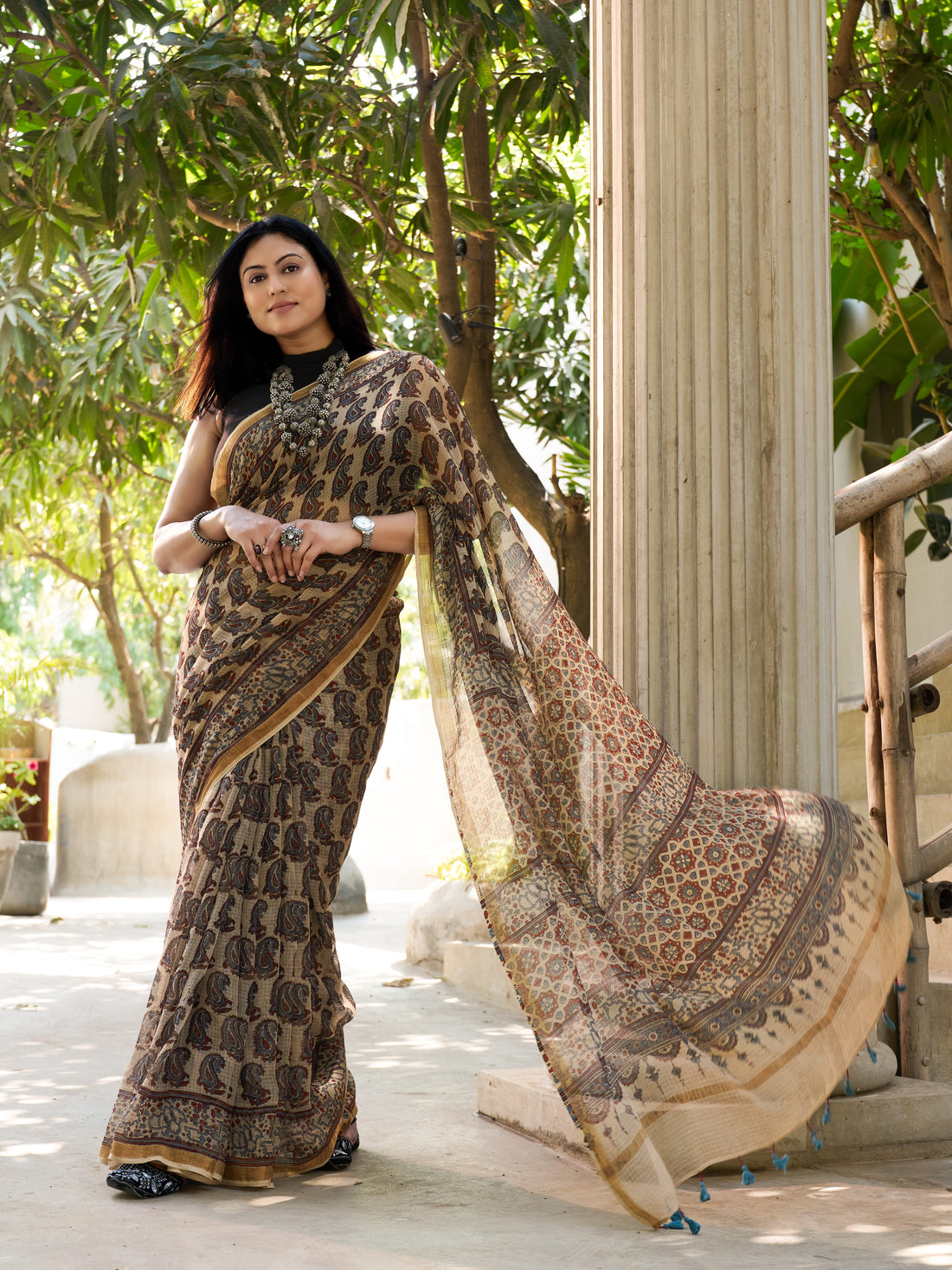 Ajrakh Kota Doria Saree (block printed using natural dyes)