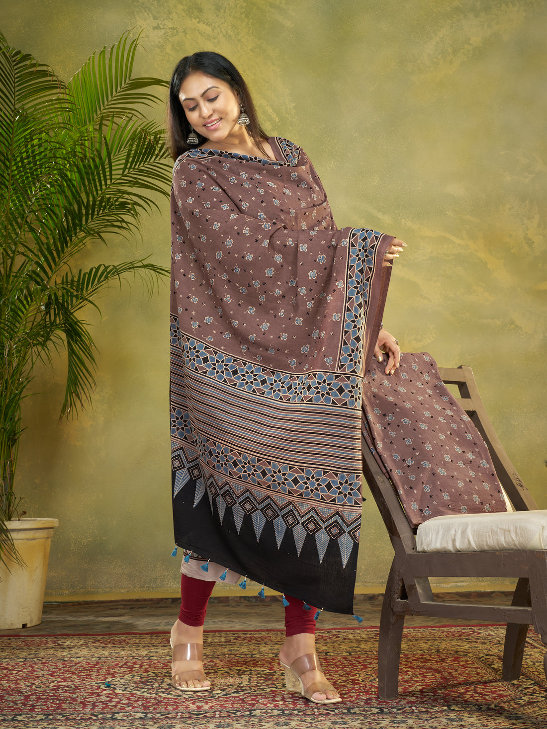 Dusty Mauve  Hand Block Ajrakh Print Natural Dyed Cotton 3pc Unstitched Dress Material