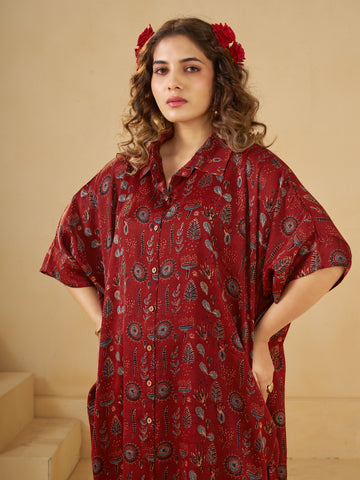 Red Leaf print Oversized Long Shirt Dress
