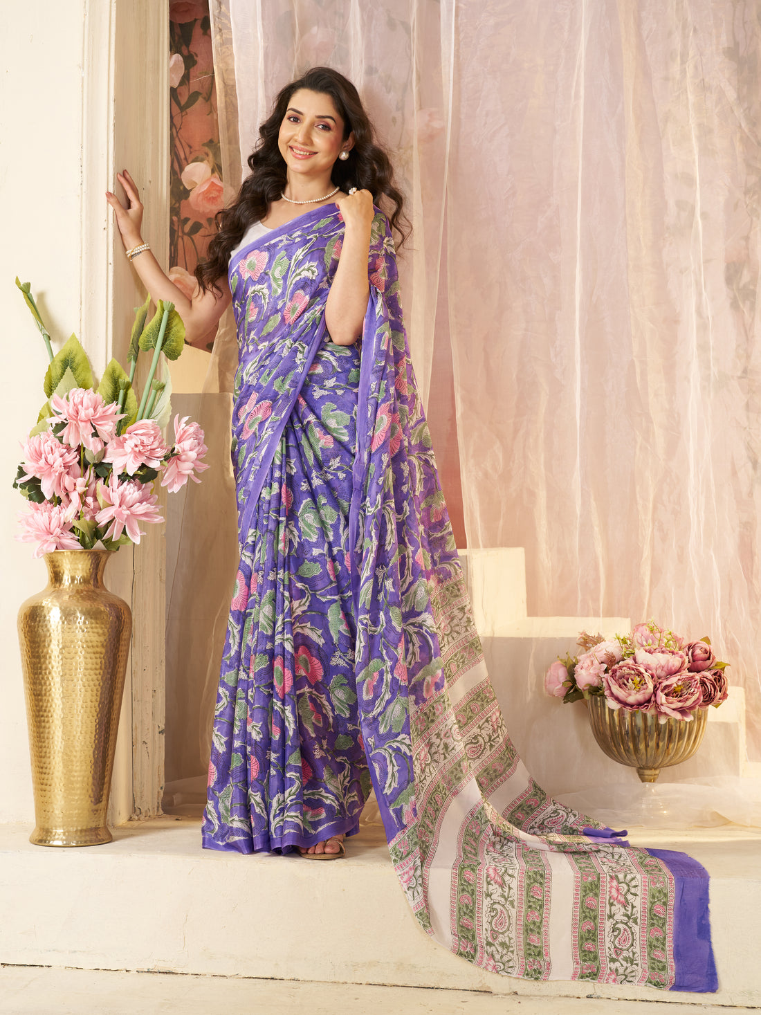 Purple Hand Block Print Saree | Pure Chinon Chiffon