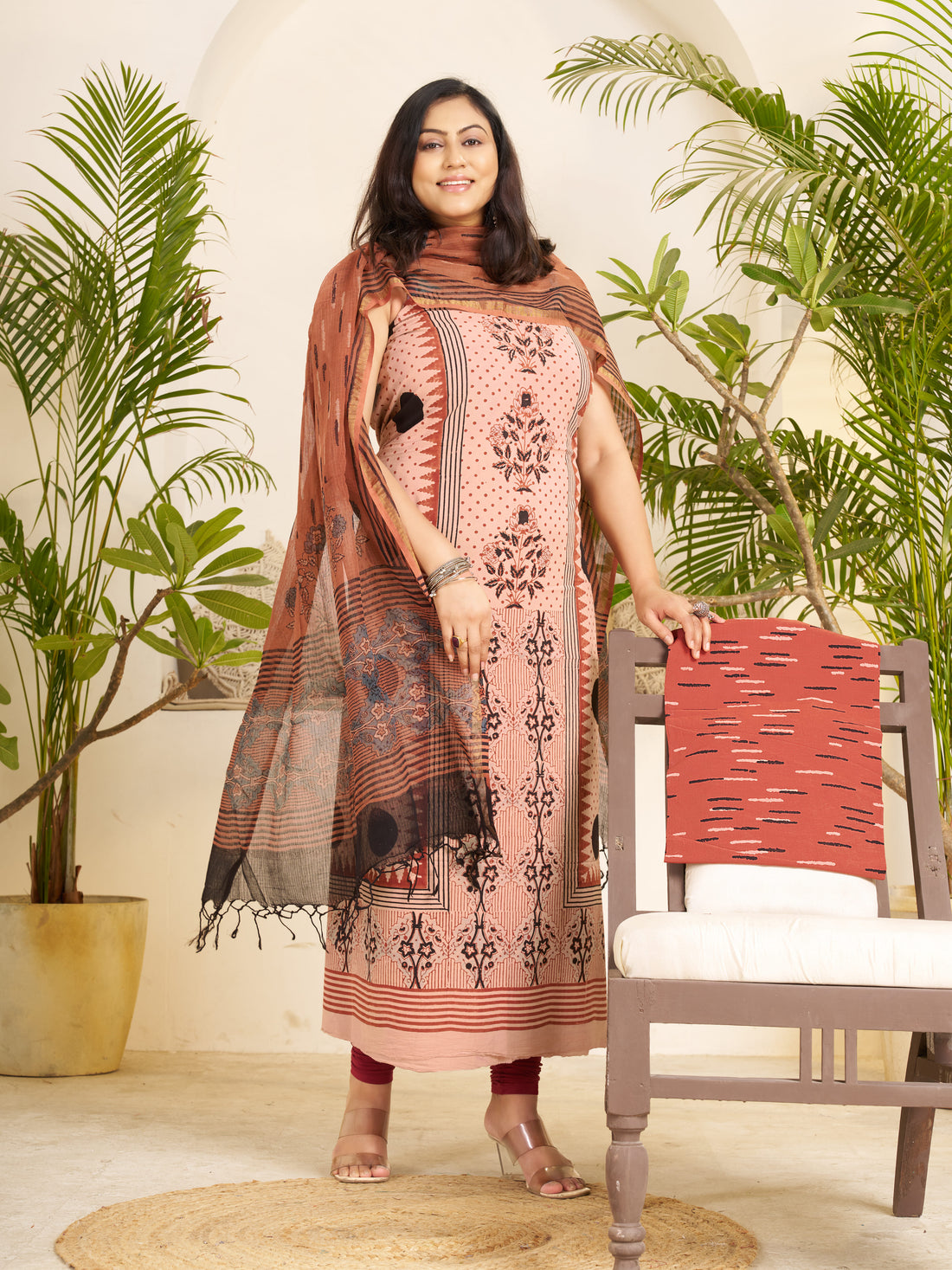 Beige-hand Block Ajrakh Print Natural Dyed Cotton 3pc Unstitched Dress Material with kota doria dupatta