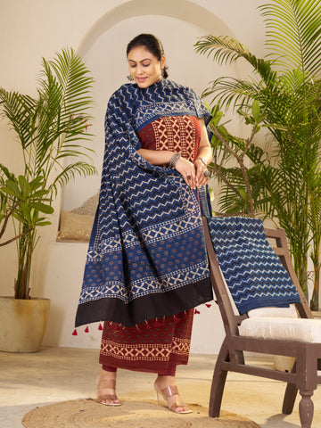 Red-hand Block Ajrakh Print Natural Dyed Cotton 3pc Unstitched Dress Material