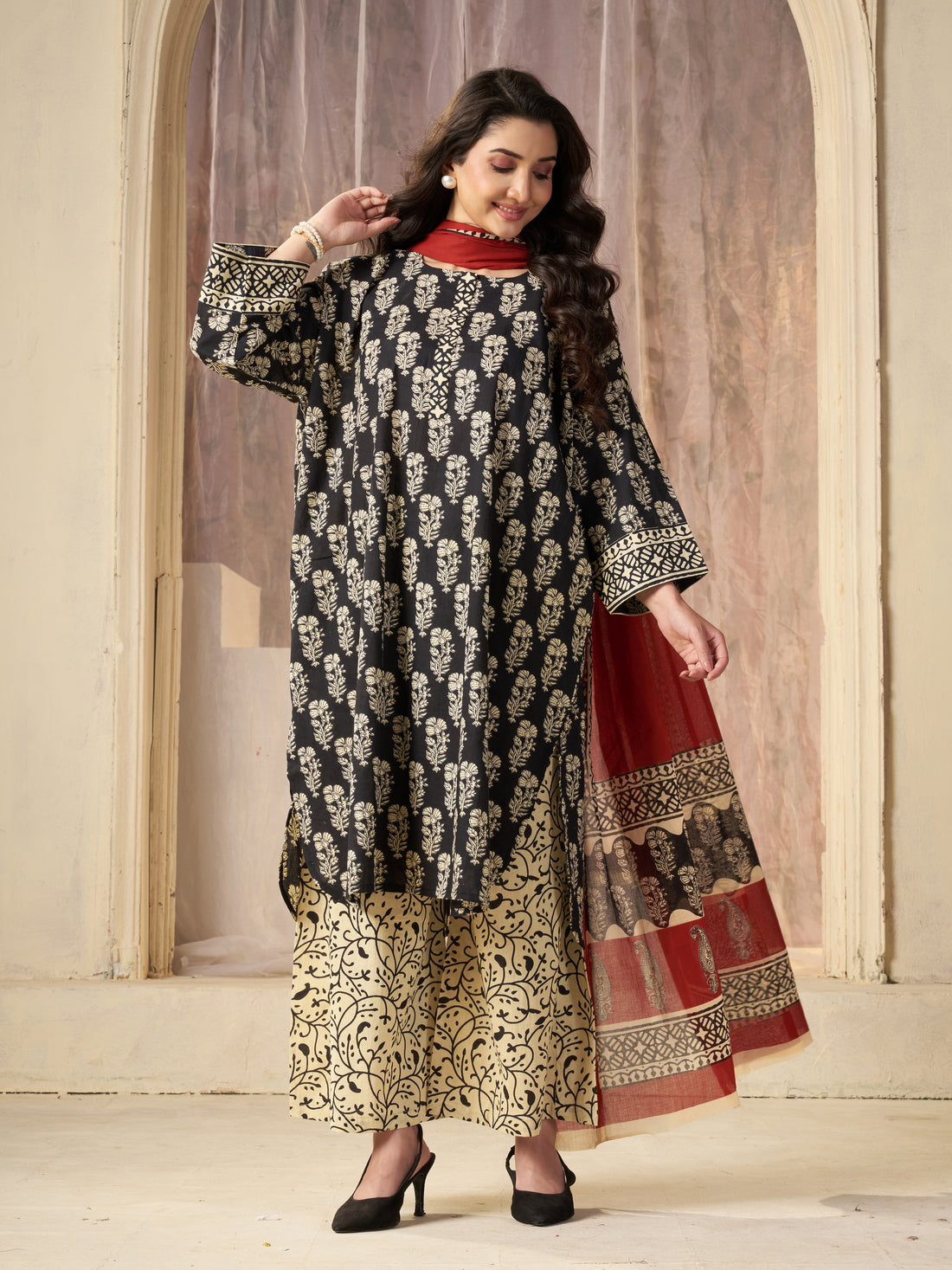 Black Jaipuri-printed Pure Cotton Stitched 3-Piece Kurta Set