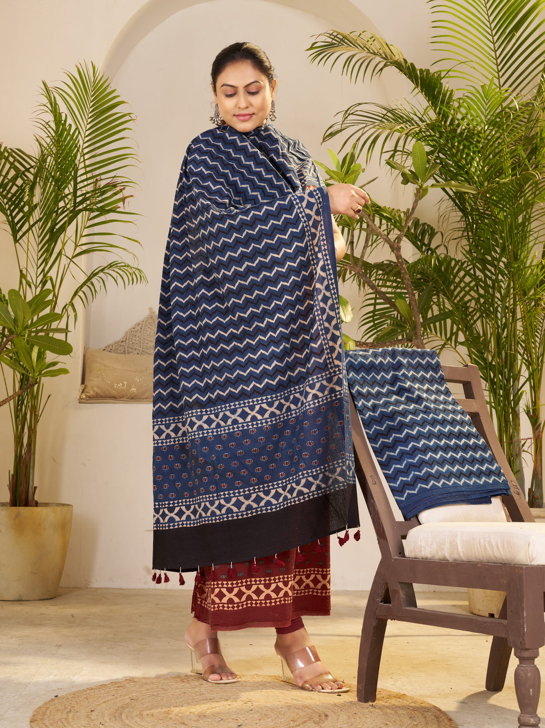 Red-hand Block Ajrakh Print Natural Dyed Cotton 3pc Unstitched Dress Material