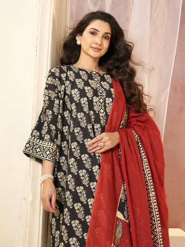 Black Jaipuri-printed Pure Cotton Stitched 3-Piece Kurta Set