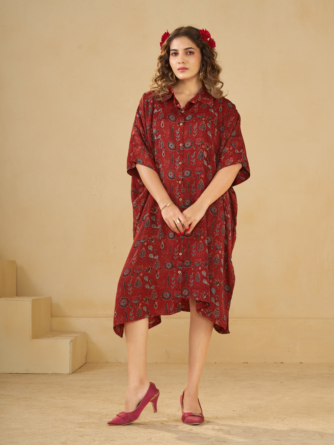 Red Leaf print Oversized Long Shirt Dress