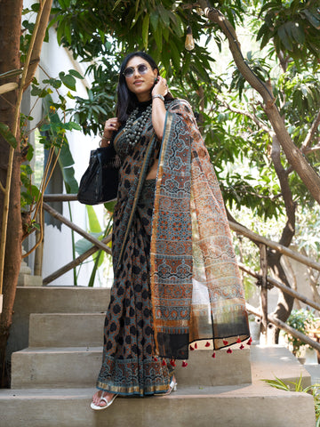 Ajrakh Kota Doria Saree (block printed using natural dyes)