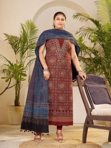Red-hand Block Ajrakh Print Natural Dyed Cotton 3pc Unstitched Dress Material