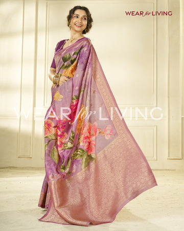 TUSSAR PURE VISCOSE SILK FLORAL PRINT SAREE