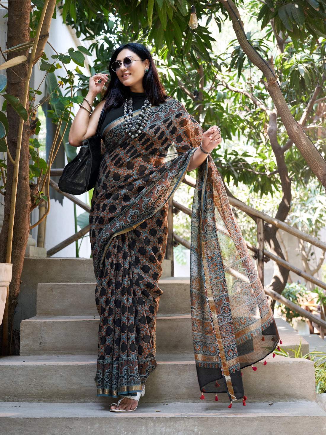 Ajrakh Kota Doria Saree (block printed using natural dyes)