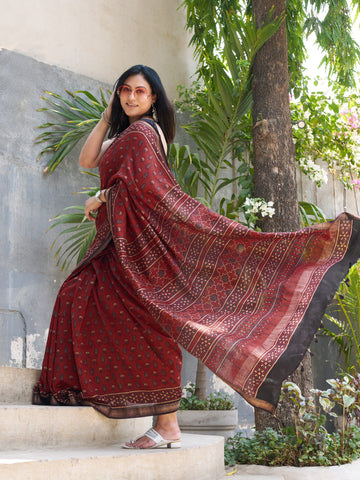 Chanderi Cotton Silk Ajrakh Hand Block Printed Saree