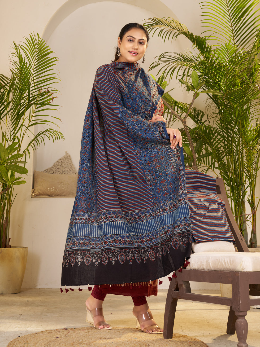Red-hand Block Ajrakh Print Natural Dyed Cotton 3pc Unstitched Dress Material